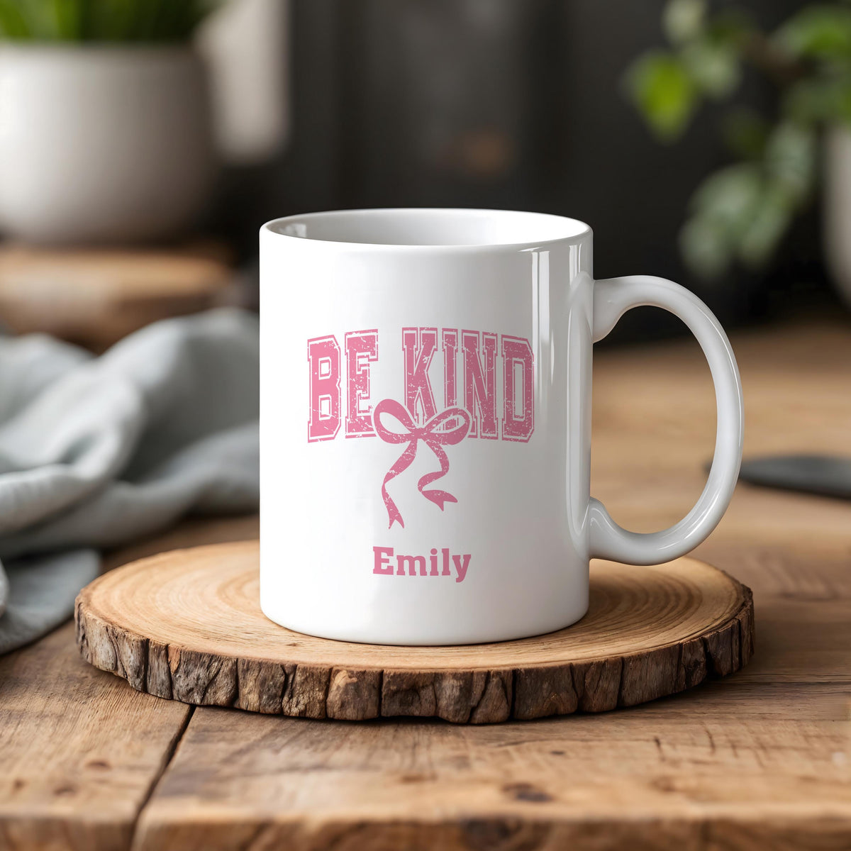 Be Kind Personalized Ceramic Cup, Custom Name Tea Mug, Pink Ribbon Coffee Cup
