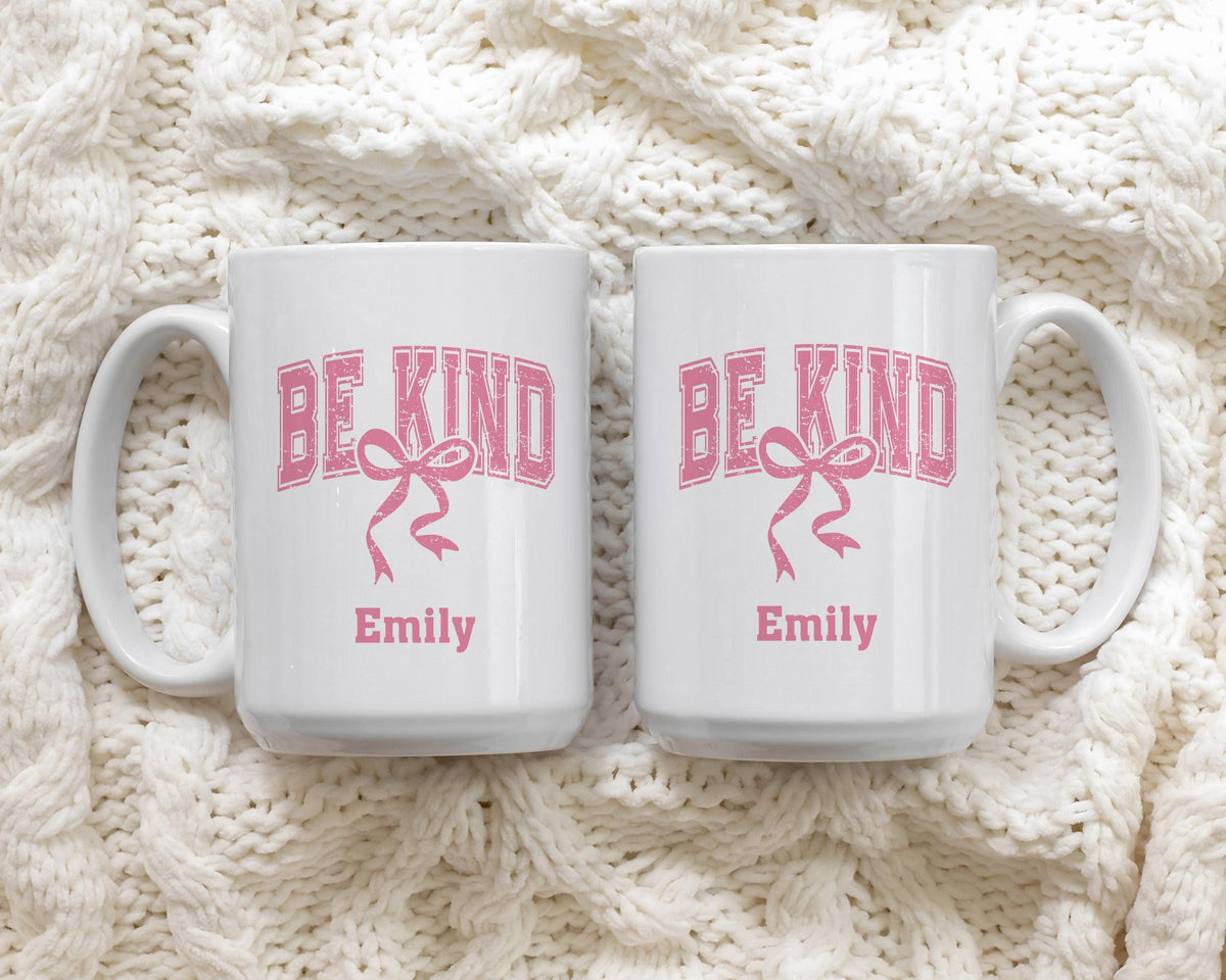 Be Kind Personalized Ceramic Cup, Custom Name Tea Mug, Pink Ribbon Coffee Cup