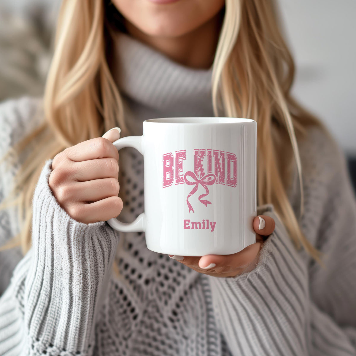 Be Kind Personalized Ceramic Cup, Custom Name Tea Mug, Pink Ribbon Coffee Cup
