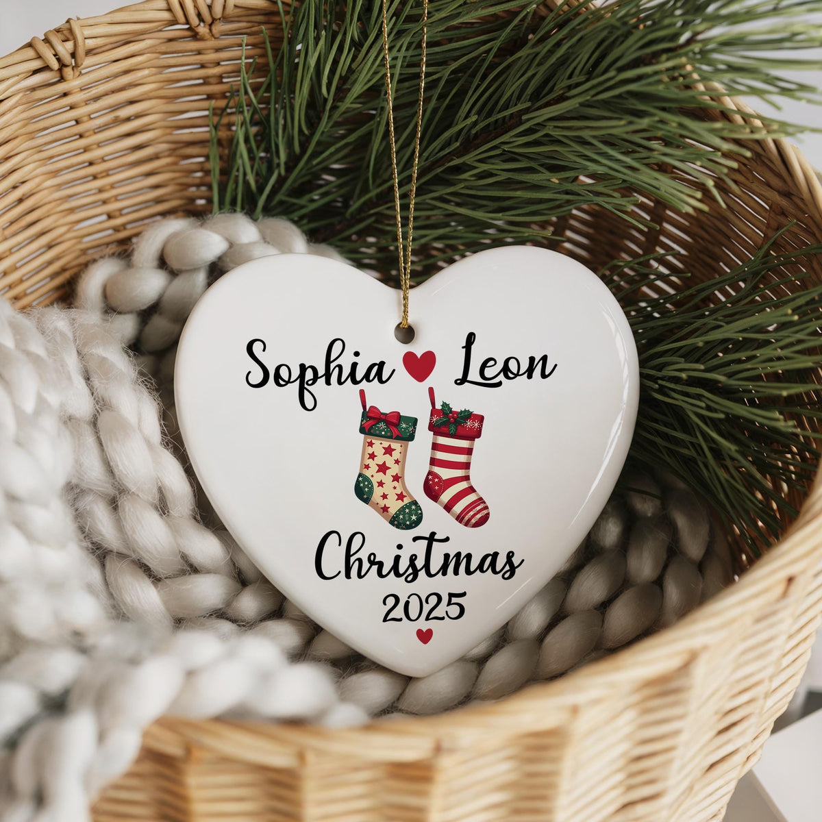 Personalized Ceramic Heart Christmas Ornament, Couple Names Keepsake