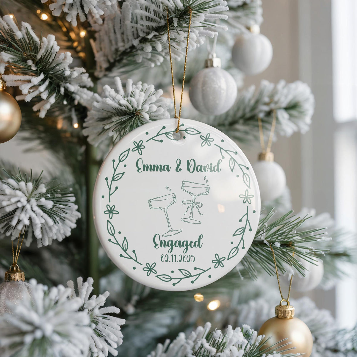 Personalized Engagement Christmas Ornament, Ceramic Couple Names Keepsake