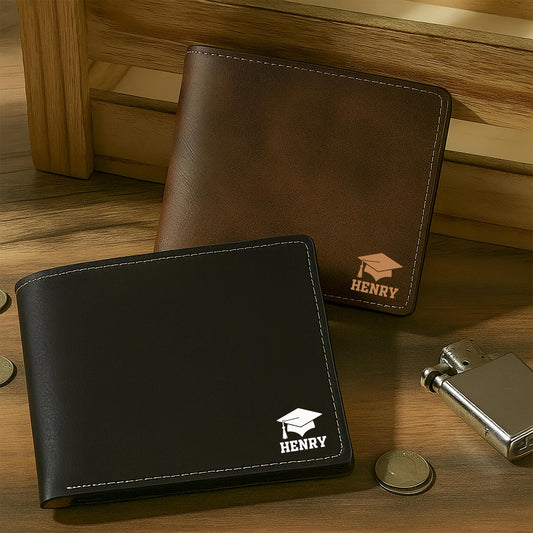 Personalized Engraved Vegan Leather Wallet, Graduation Cap Gift for Him