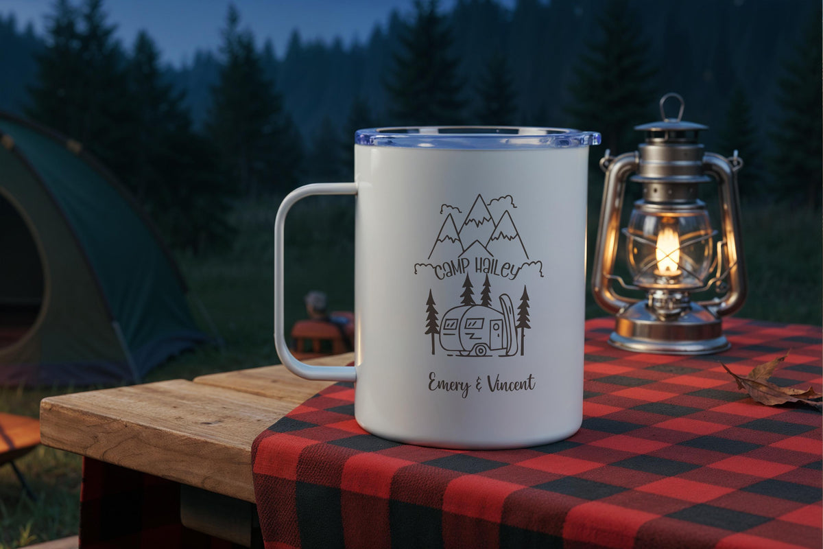 Personalized Camper Mug, Custom Couple Name Camping Gift, RV Life & Mountain Design Cup