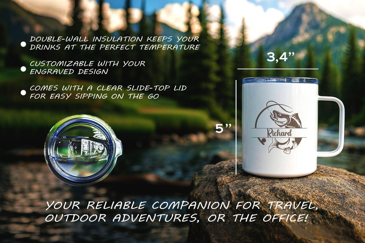 Personalized Fishing Mug, Custom Name Fisherman Gift, Bass Angler Travel Mugs