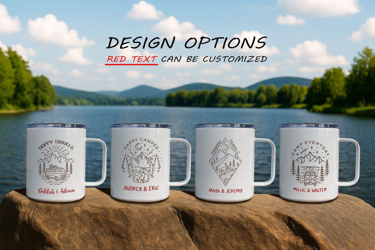 Custom Couple Camping Mug, Happy Travels Camper Mugs, Van Life Lovers Gift