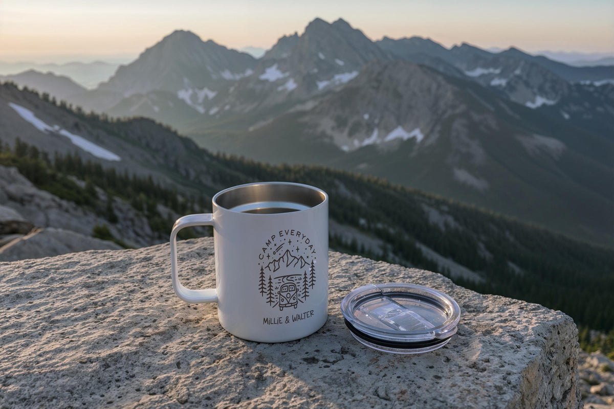 Custom Couple Camping Mug, Happy Travels Camper Mugs, Van Life Lovers Gift