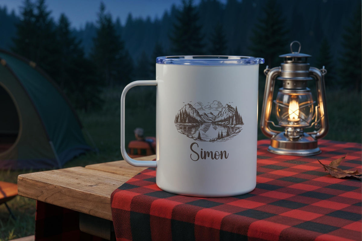 Custom Name Camping Mug, Personalized Campfire Mug, Adventure Lovers Cup, Nature Enthusiast Mug