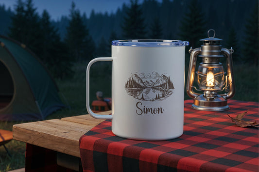 Custom Name Camping Mug, Personalized Campfire Mug, Adventure Lovers Cup, Nature Enthusiast Mug