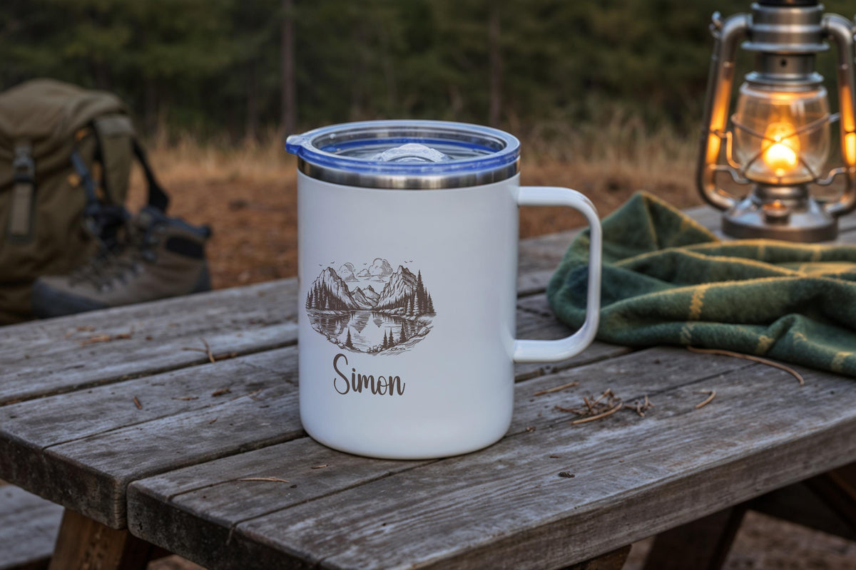 Custom Name Camping Mug, Personalized Campfire Mug, Adventure Lovers Cup, Nature Enthusiast Mug