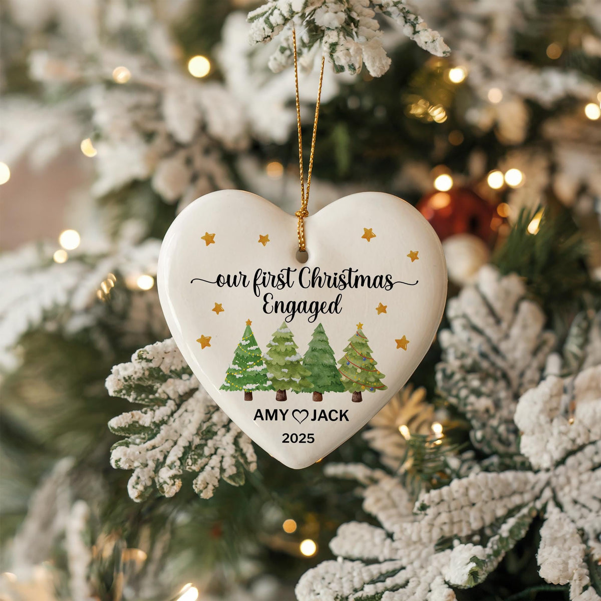 Personalized Our First Christmas Engaged Ornament, Heart Ceramic Keepsake