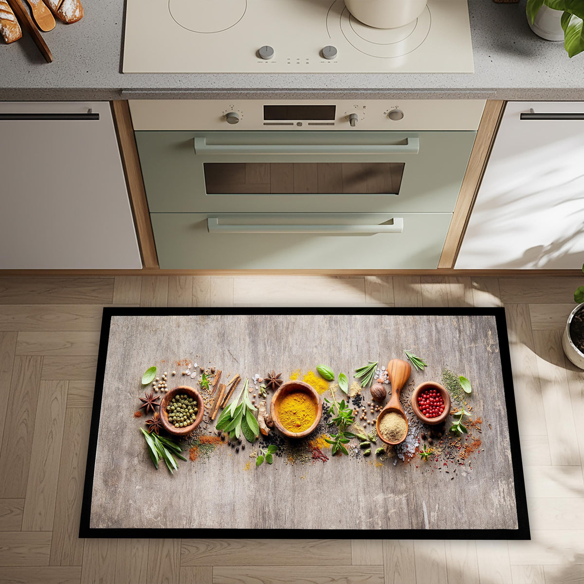 Spices Kitchen Mat, Rustic Wood Cooking Rug, Non-Slip Washable Indoor Decor