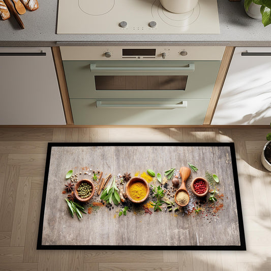 Spices Kitchen Mat, Rustic Wood Cooking Rug, Non-Slip Washable Indoor Decor