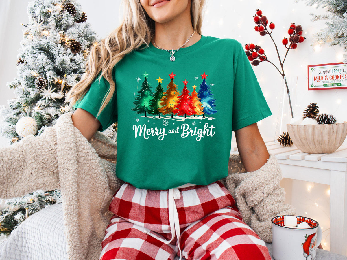 Merry and Bright T-Shirt, Christmas Trees Sweatshirt, Festive Holiday Tee, Xmas Sweatshirt