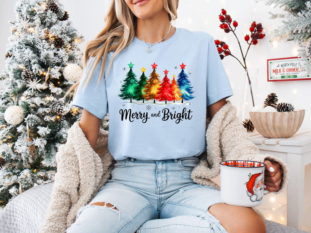 Merry and Bright T-Shirt, Christmas Trees Sweatshirt, Festive Holiday Tee, Xmas Sweatshirt