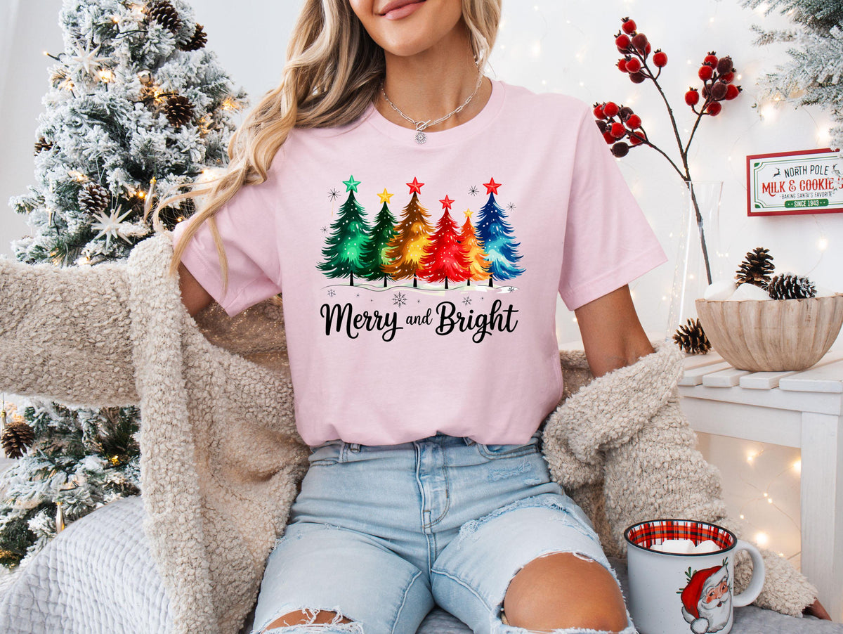 Merry and Bright T-Shirt, Christmas Trees Sweatshirt, Festive Holiday Tee, Xmas Sweatshirt