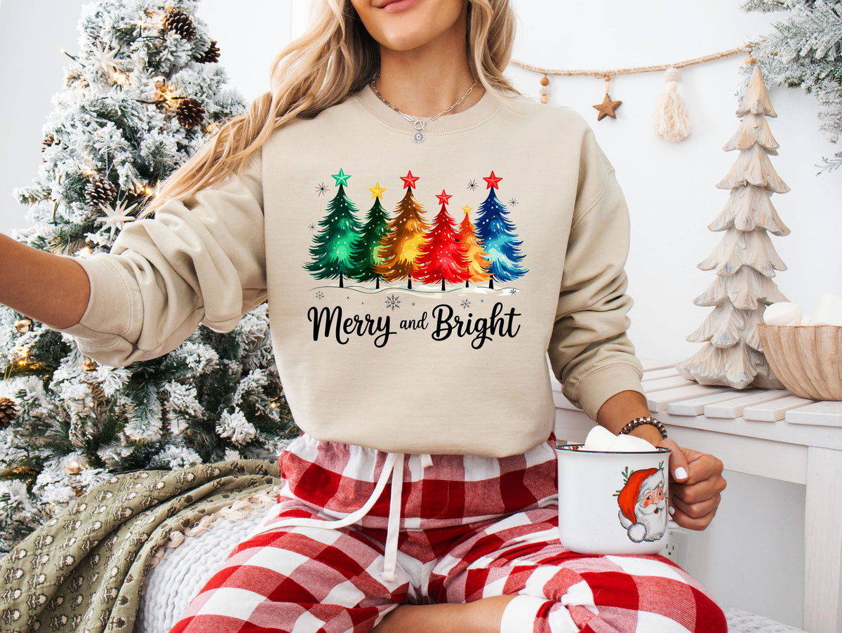 Merry and Bright T-Shirt, Christmas Trees Sweatshirt, Festive Holiday Tee, Xmas Sweatshirt