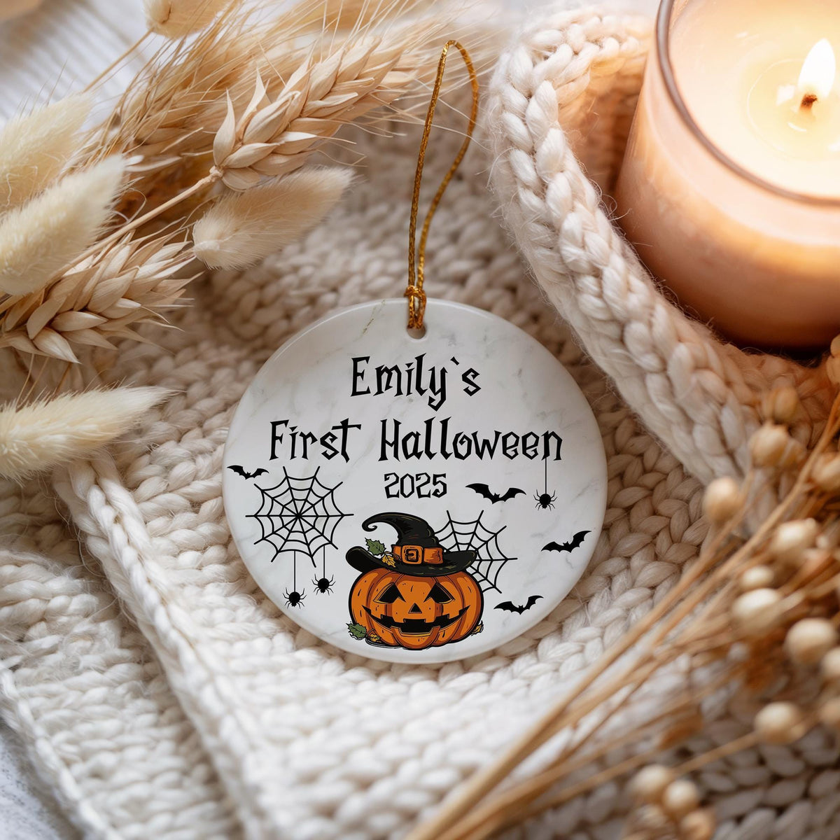 Custom Name Baby's First Halloween Ornament, Spider Webs And Jack-o-Lantern Design Keepsake