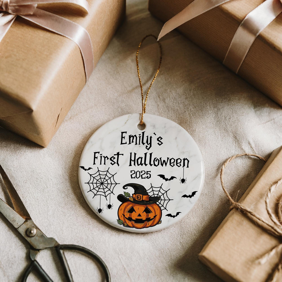 Custom Name Baby's First Halloween Ornament, Spider Webs And Jack-o-Lantern Design Keepsake