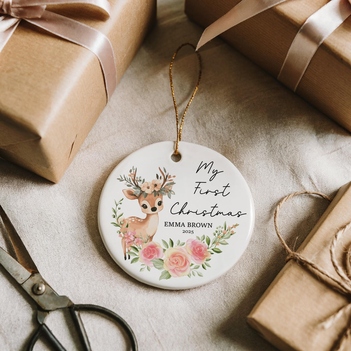Customizable Baby Deer Themed My First Christmas Ornament