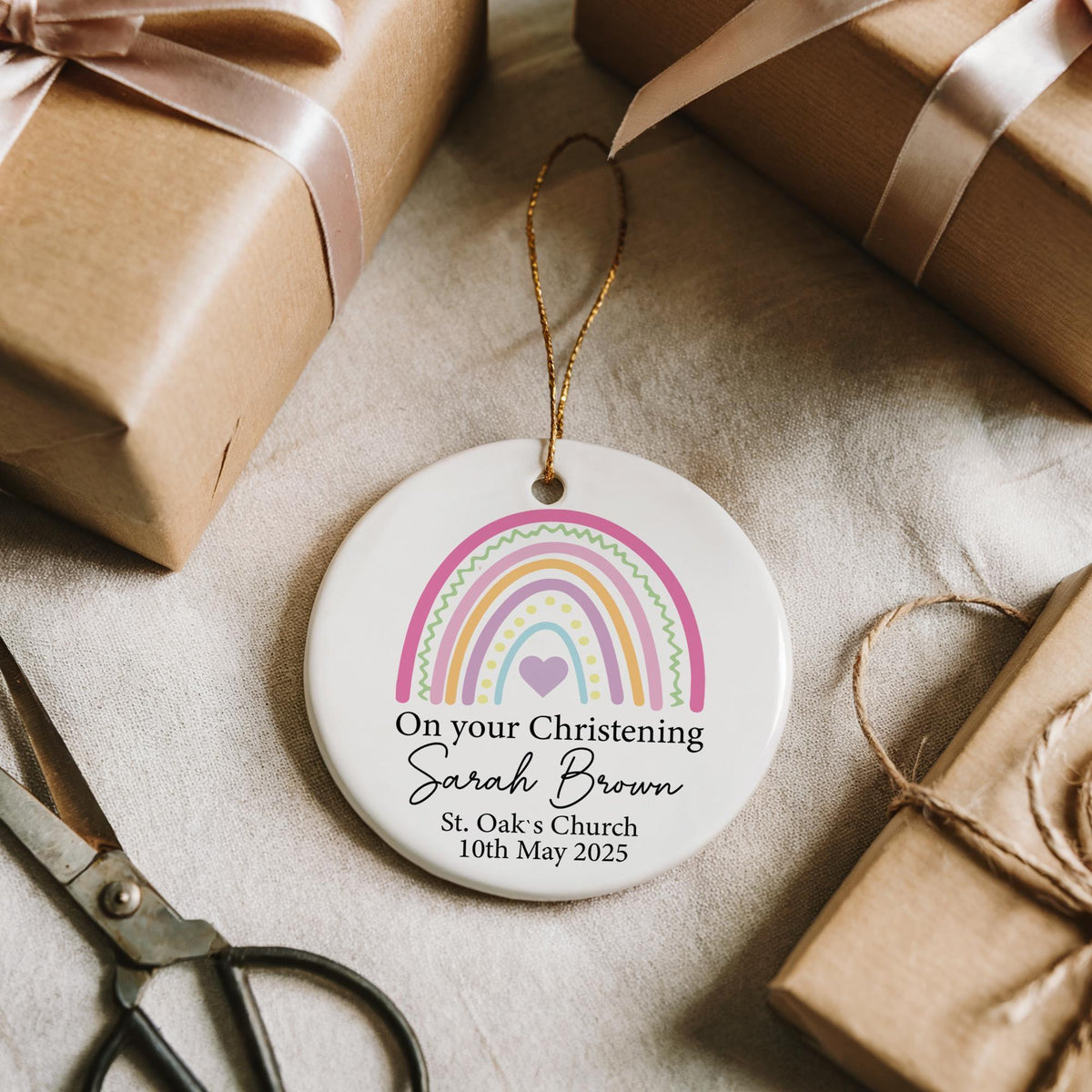 Customizable On Your Christening Ornament, Cute Rainbow Design Baptism Ceramic Ornament