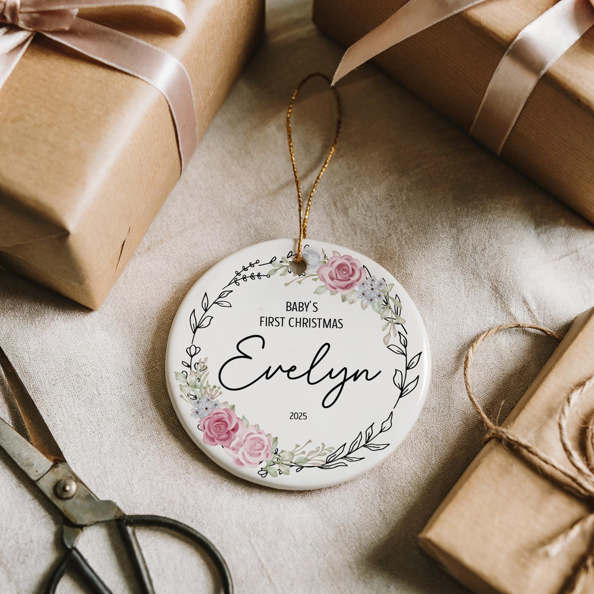 Aesthetic Rose Embroidered Design 1st Christmas Ornament