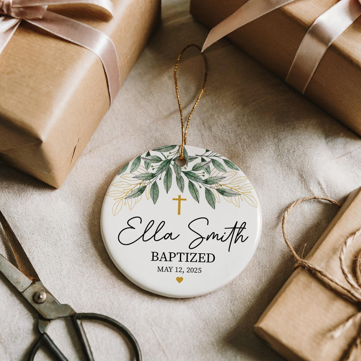 Custom Name & Date Baptized Ornament, Floral Baptism Ceremony Ceramic Ornament