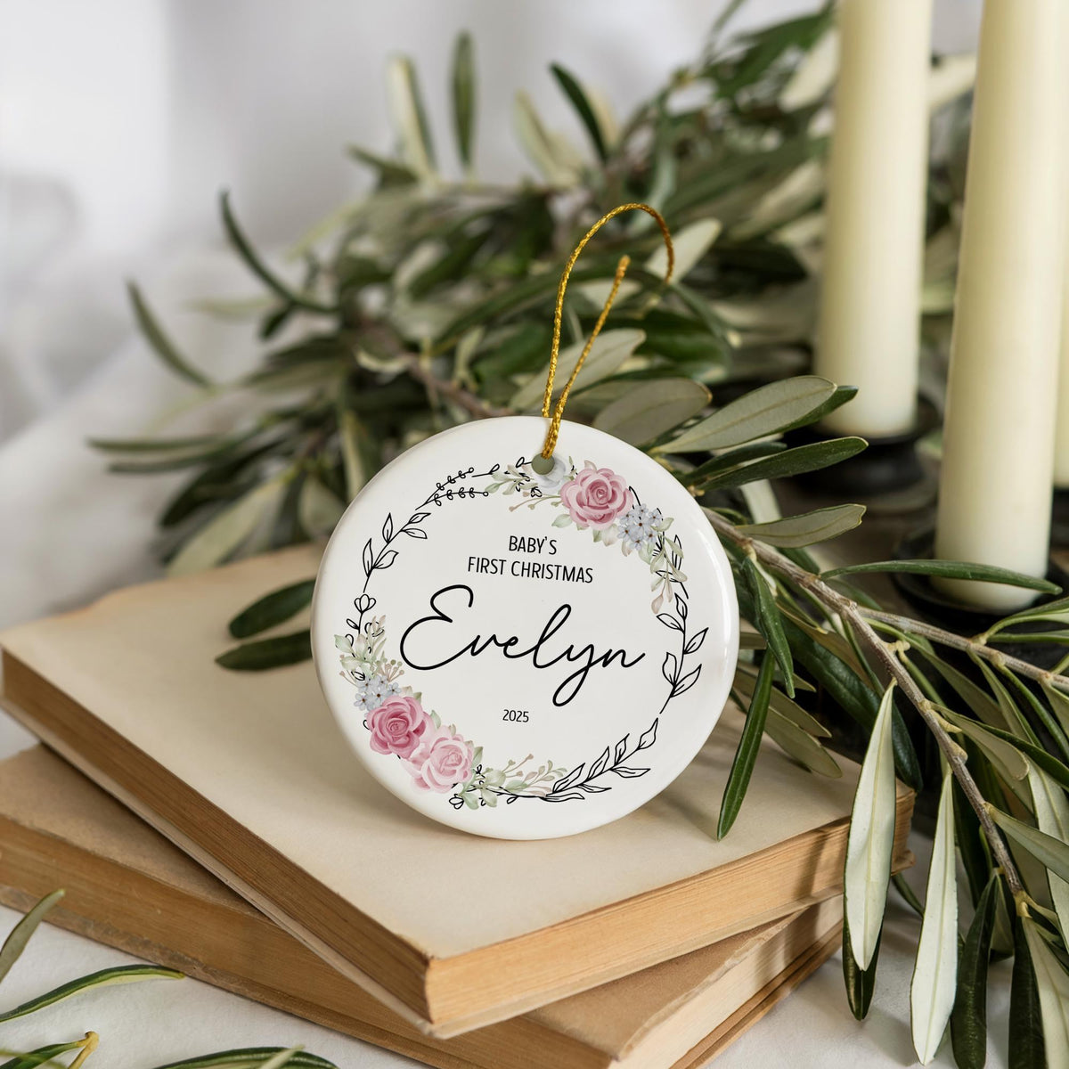 Aesthetic Rose Embroidered Design 1st Christmas Ornament