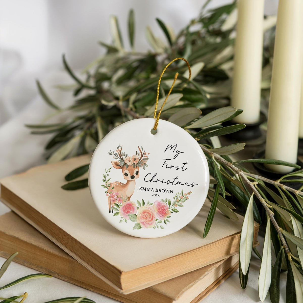 Customizable Baby Deer Themed My First Christmas Ornament