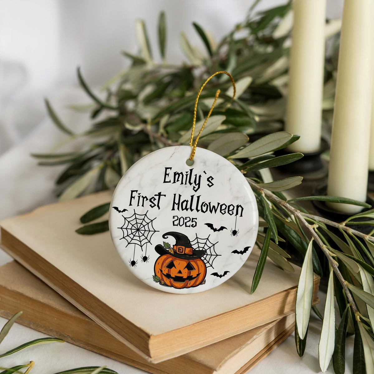 Custom Name Baby's First Halloween Ornament, Spider Webs And Jack-o-Lantern Design Keepsake
