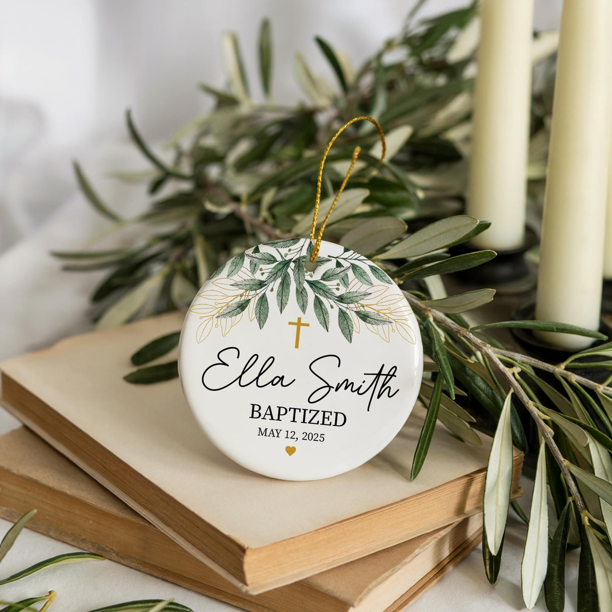Custom Name & Date Baptized Ornament, Floral Baptism Ceremony Ceramic Ornament