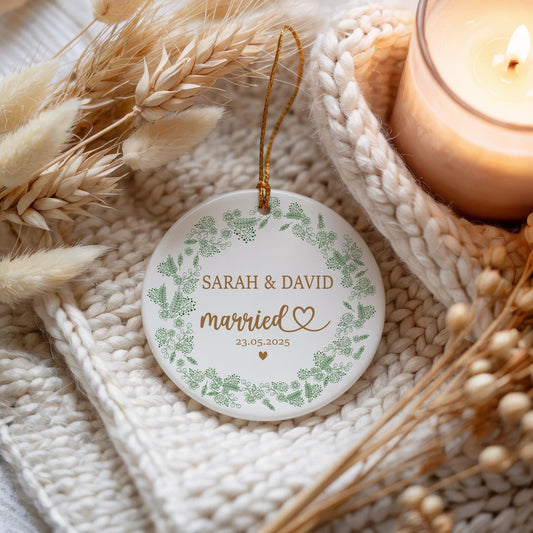 Customizable Ceramic Wedding Keepsake, Cottage Core Married Ornament, Newly Wed Couple Gift