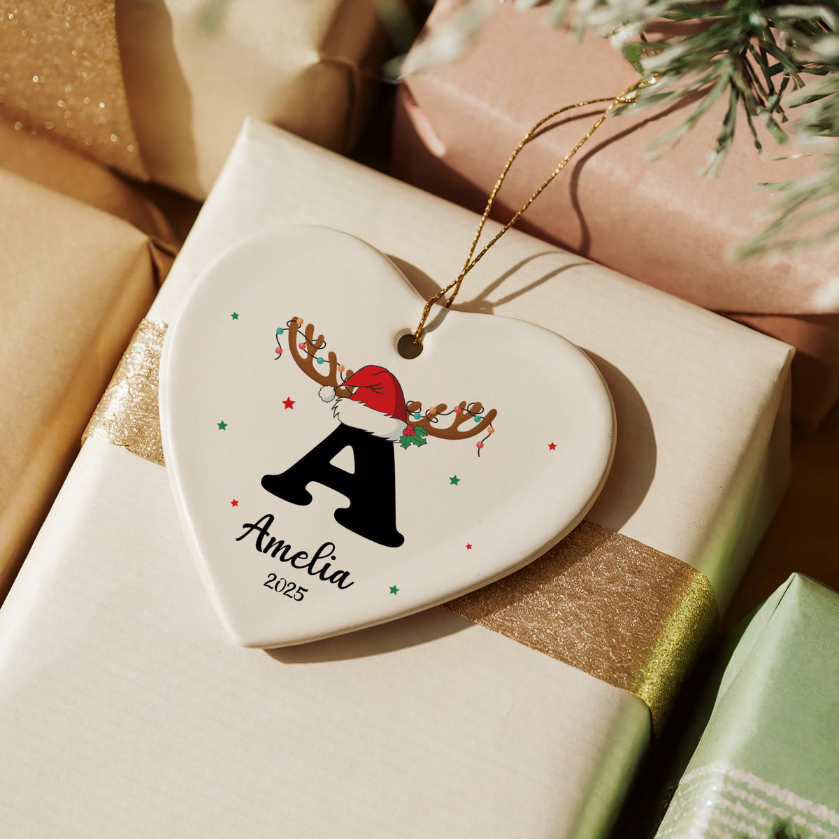 Personalized Santa Hat Initials Design Heart Ornament
