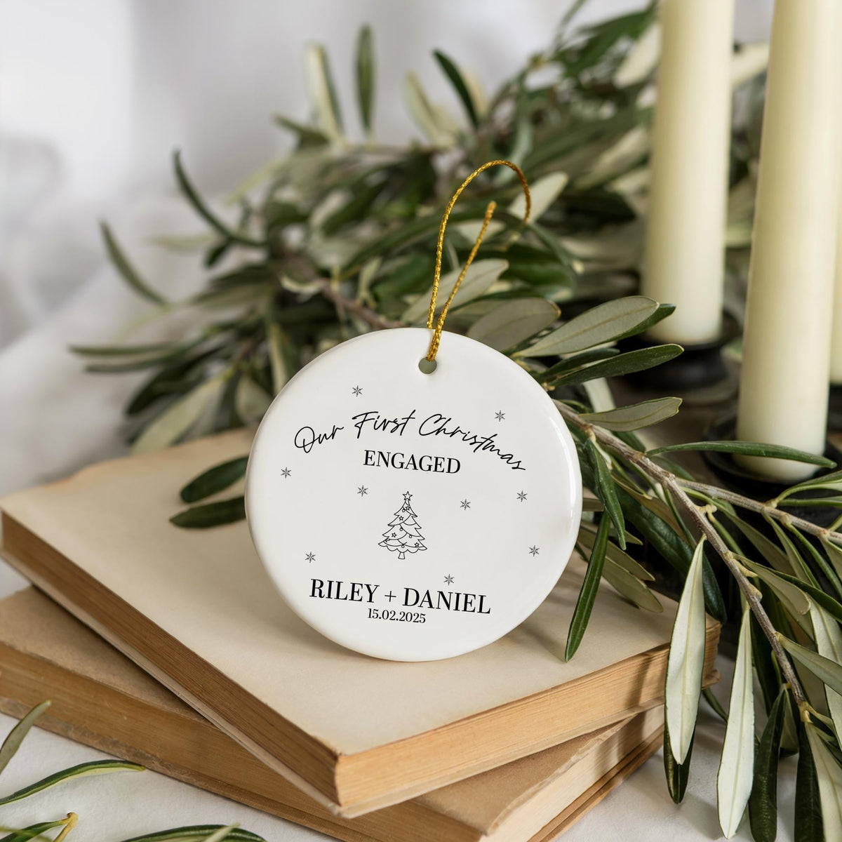 Customizable Our First Christmas Engaged Ceramic Ornament