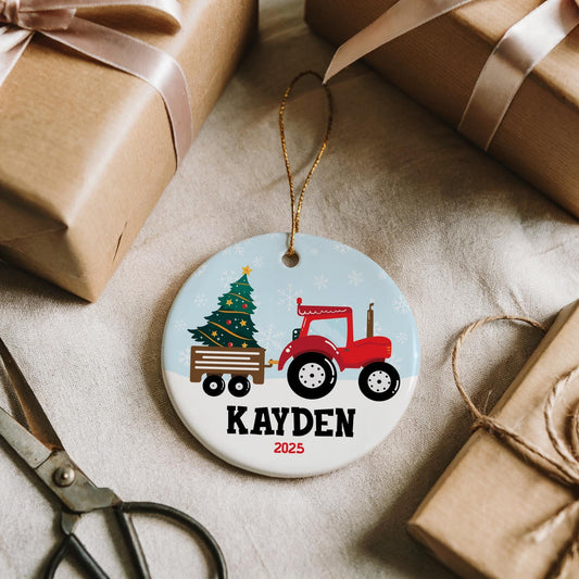 Personalized Red Tractor Christmas Ornament For Boys