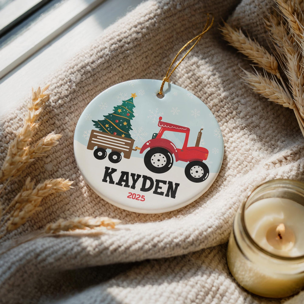 Personalized Red Tractor Christmas Ornament For Boys
