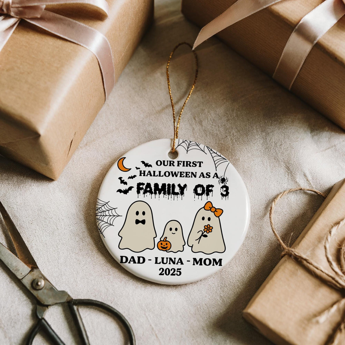 Our First Halloween As A Family Of Three Ornament, Custom New Parents Spooky Season Gift