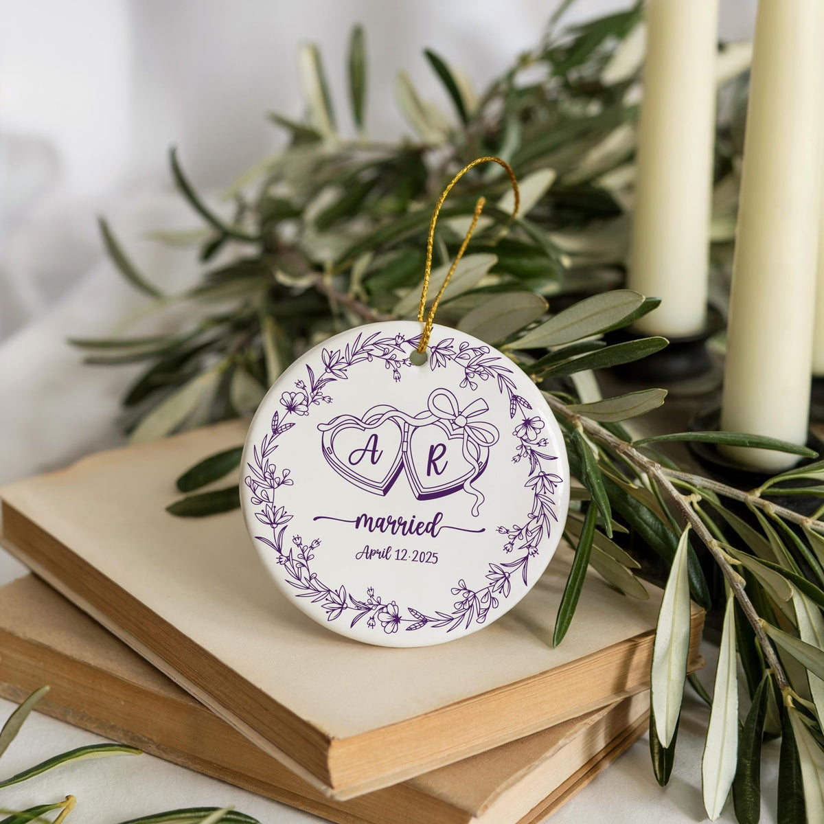 Custom Initials And Date Married Keepsake, Wedding Gift for Newlyweds Ceramic Ornament