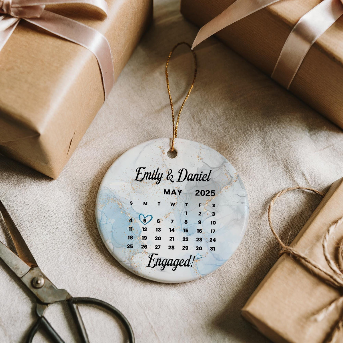 Personalized Calendar Theme Engagement Keepsake, Marble Design Engaged Ornament