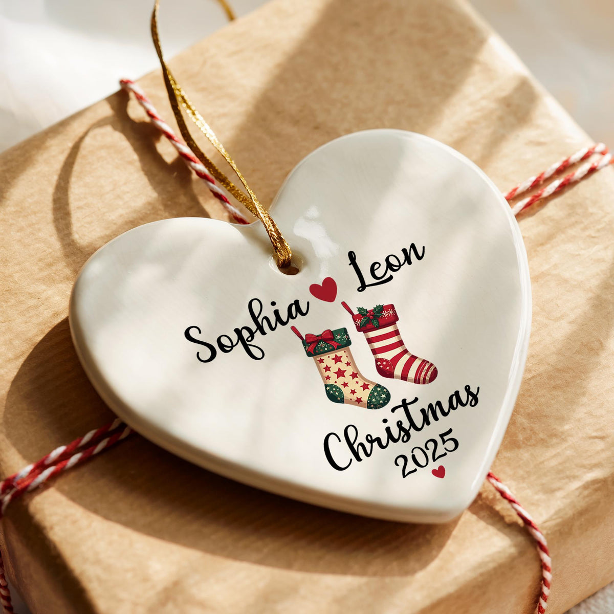 Personalized Ceramic Heart Christmas Ornament, Couple Names Keepsake