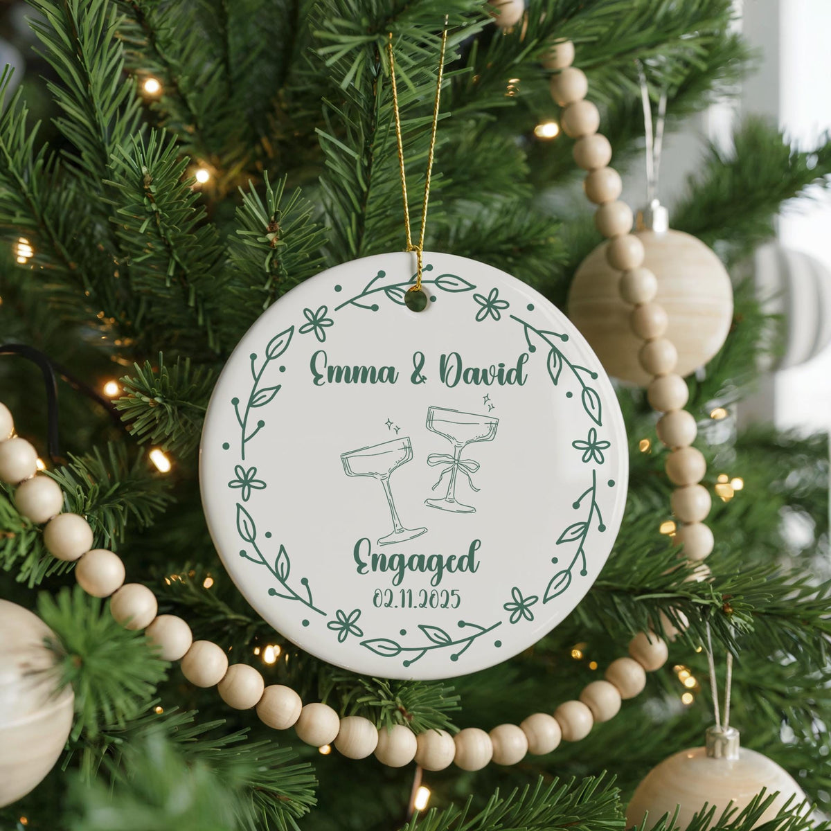 Personalized Engagement Christmas Ornament, Ceramic Couple Names Keepsake