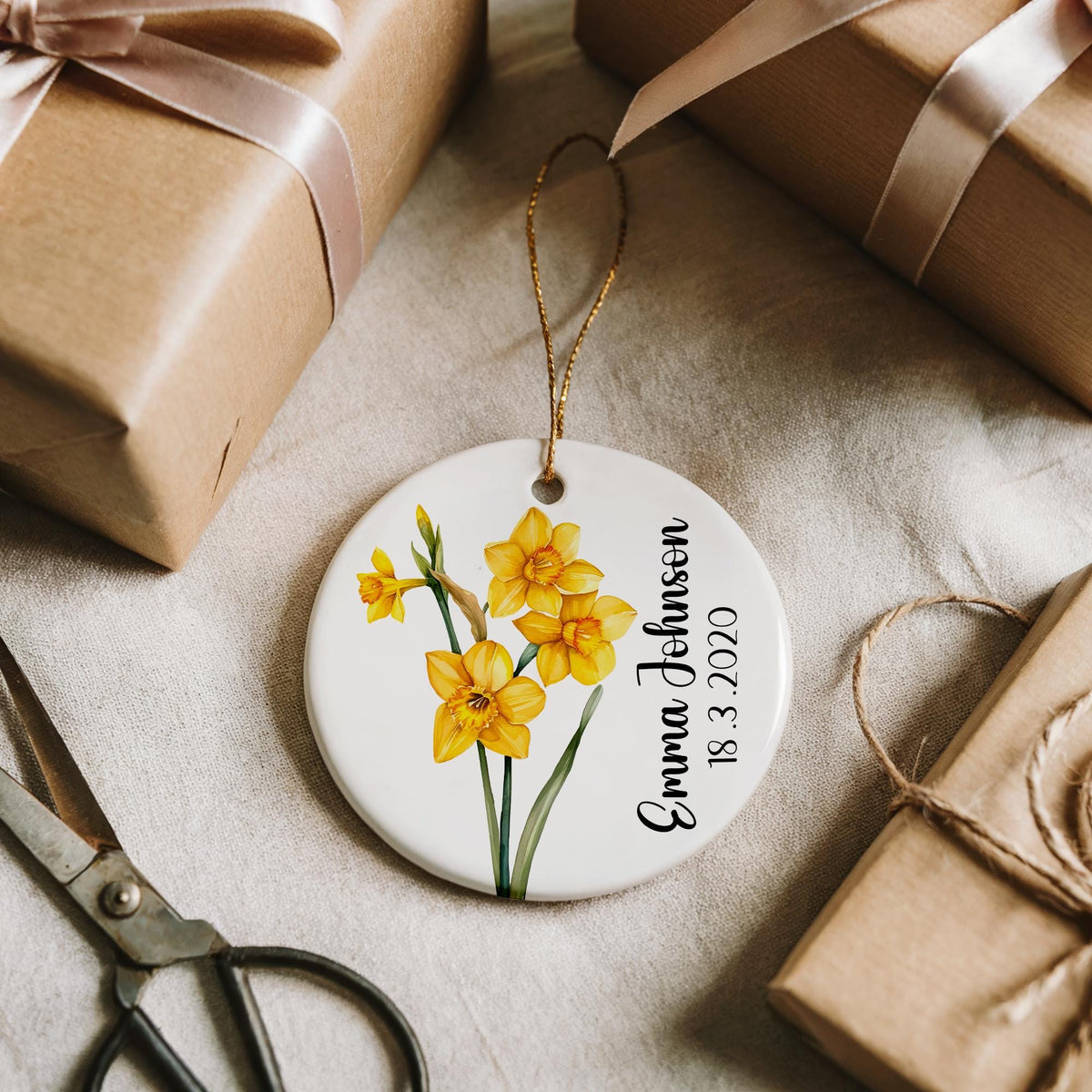 Personalized Birth Month Flower Ornament, Custom Name & Date Ceramic Keepsake