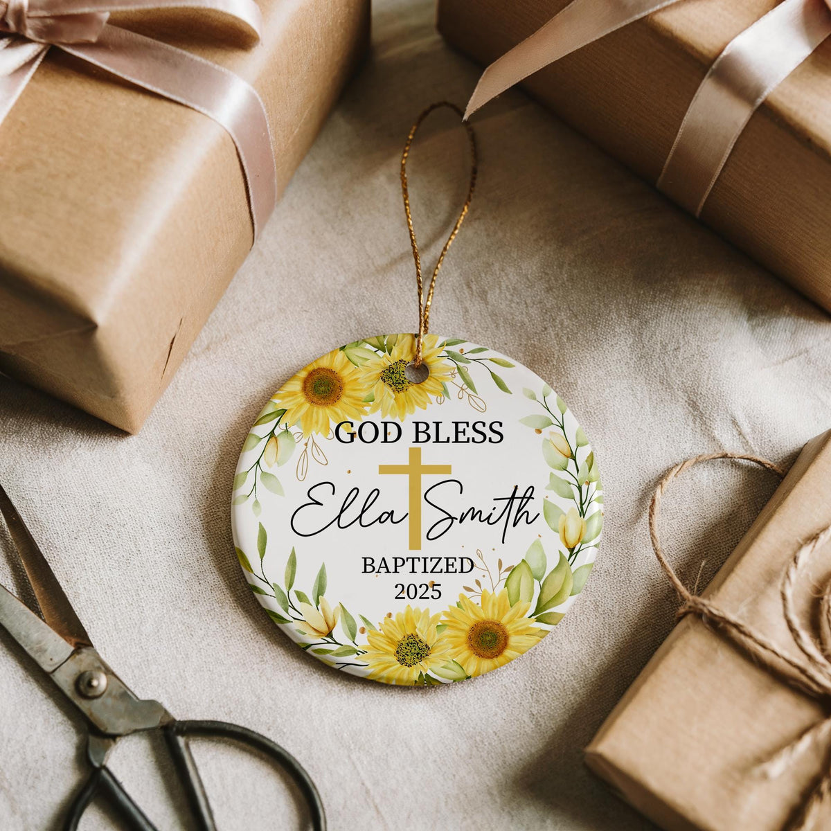 Personalized Baptism Ceramic Ornament, Customizable God Bless Gift, Sunflower Ornament