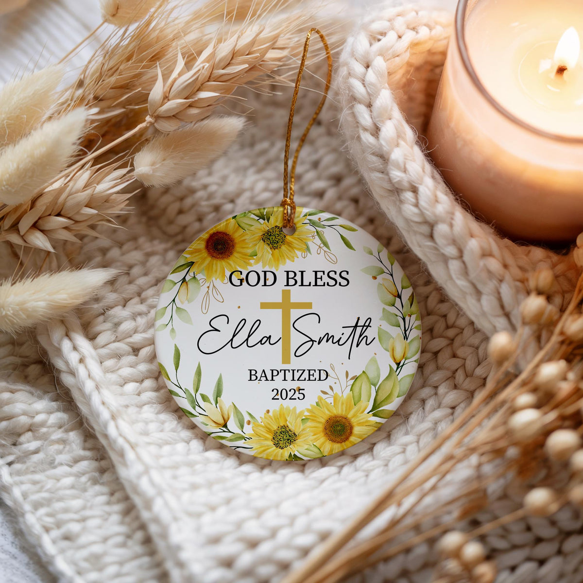 Personalized Baptism Ceramic Ornament, Customizable God Bless Gift, Sunflower Ornament
