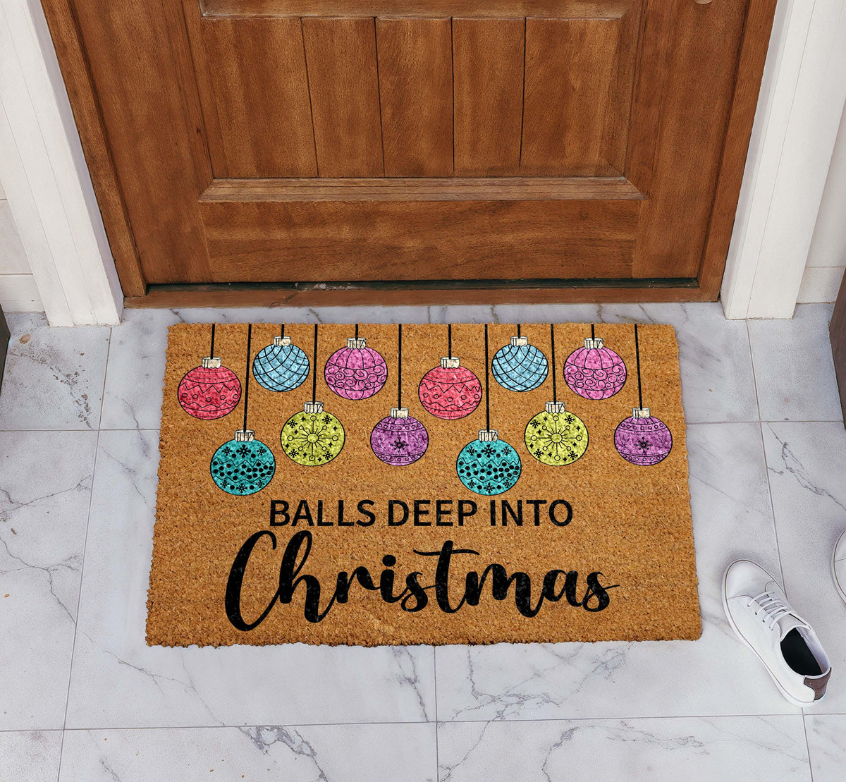 Balls Deep Into Christmas Doormat, Humorous Holiday Welcome Mat