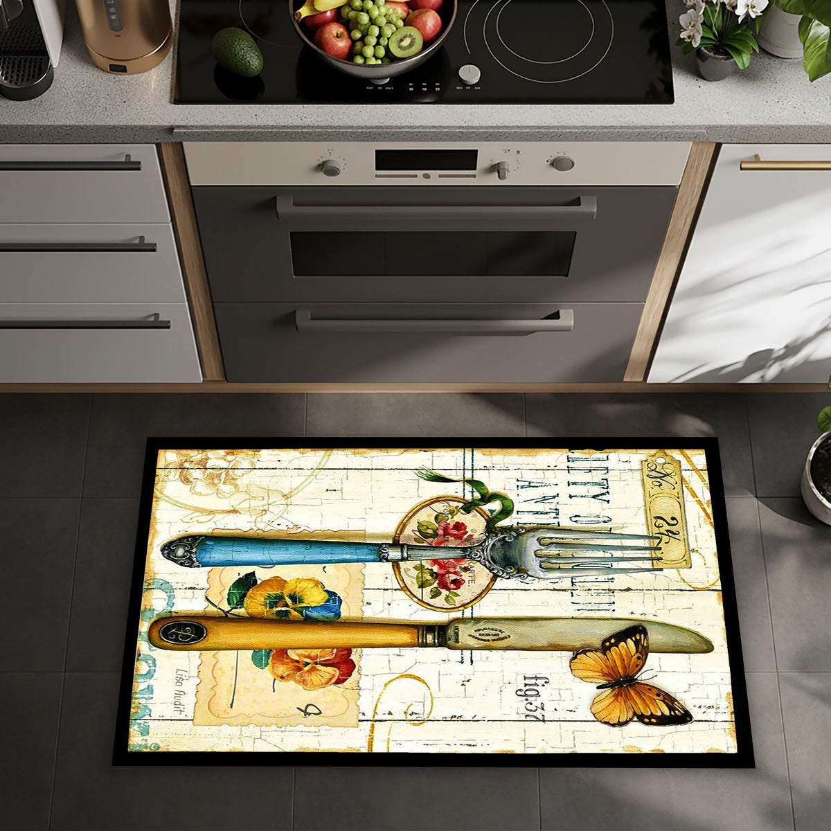 Vintage Floral Butterfly Kitchen Mat, Washable Non-Slip Floor Rug