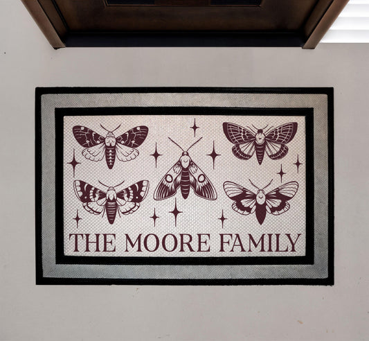 Personalized Vintage Moth Doormat, Custom Family Name Welcome Mat, Boho Gothic Door Mat, Indoor Outdoor Entry Mat, Front Porch Mat
