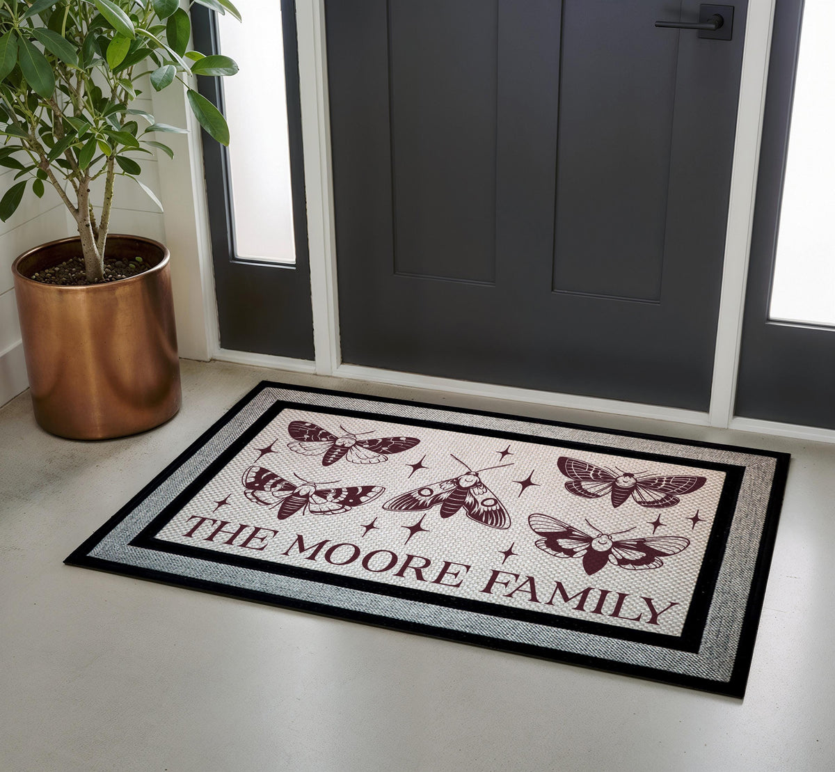 Personalized Vintage Moth Doormat, Custom Family Name Welcome Mat, Boho Gothic Door Mat, Indoor Outdoor Entry Mat, Front Porch Mat