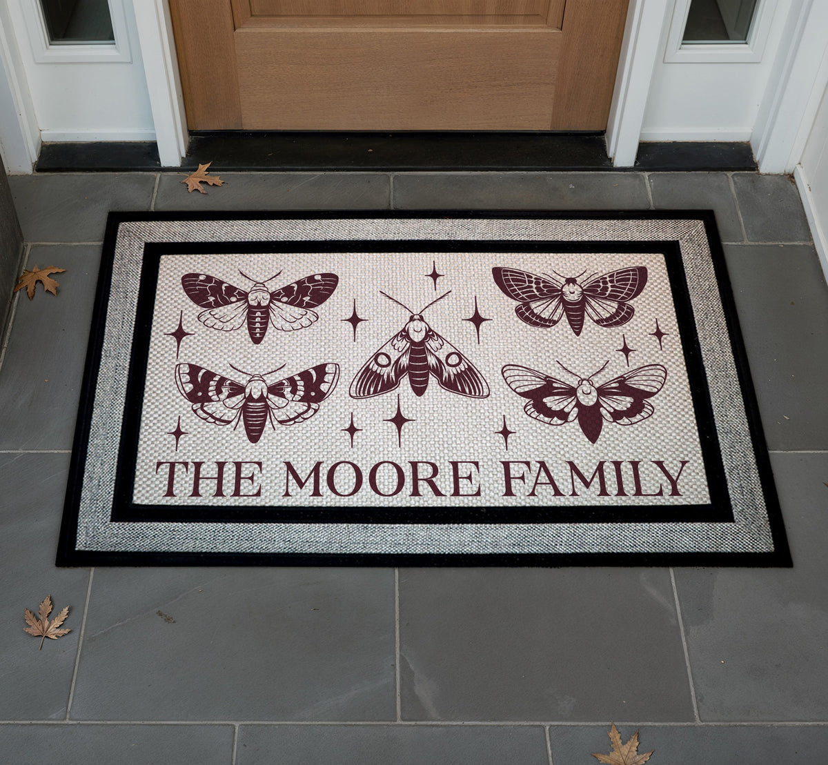 Personalized Vintage Moth Doormat, Custom Family Name Welcome Mat, Boho Gothic Door Mat, Indoor Outdoor Entry Mat, Front Porch Mat