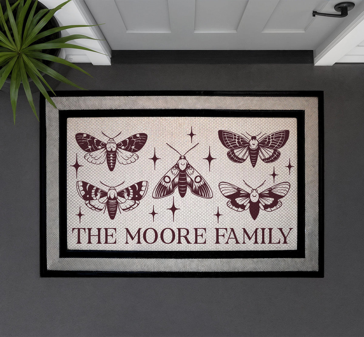 Personalized Vintage Moth Doormat, Custom Family Name Welcome Mat, Boho Gothic Door Mat, Indoor Outdoor Entry Mat, Front Porch Mat
