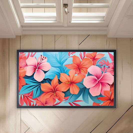 Vibrant Floral Bathroom Mat, Tropical Flowers Bath Rug, Colorful Hibiscus Mat